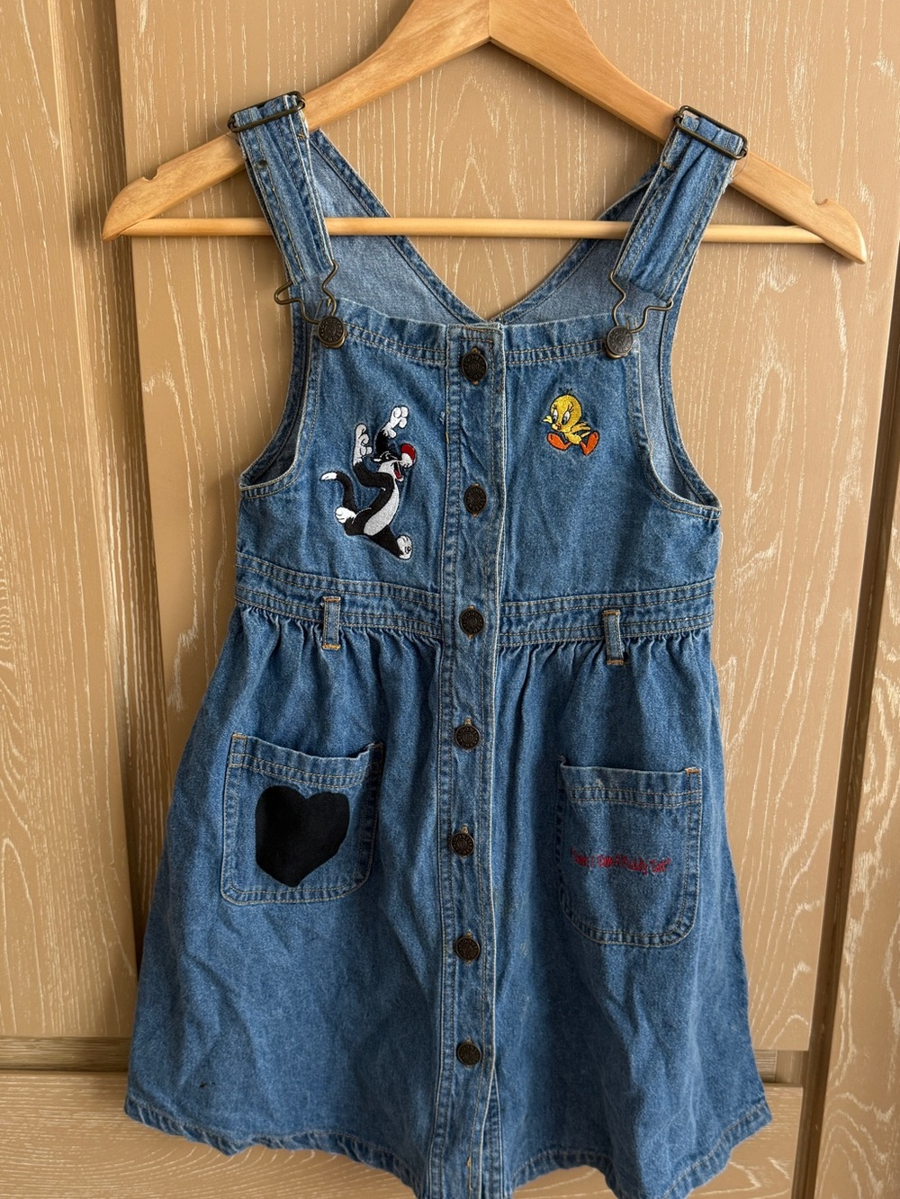 Warner Bros. Blue Denim Button-Front Overall Dress with Tweety & Sylvester